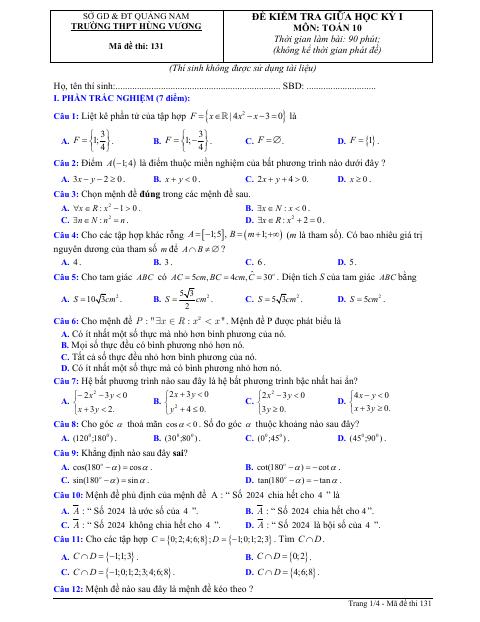Đề thi Giữa kì 1 Toán 10 năm 2024-2025 trường THPT Hùng Vương (Quảng Nam)